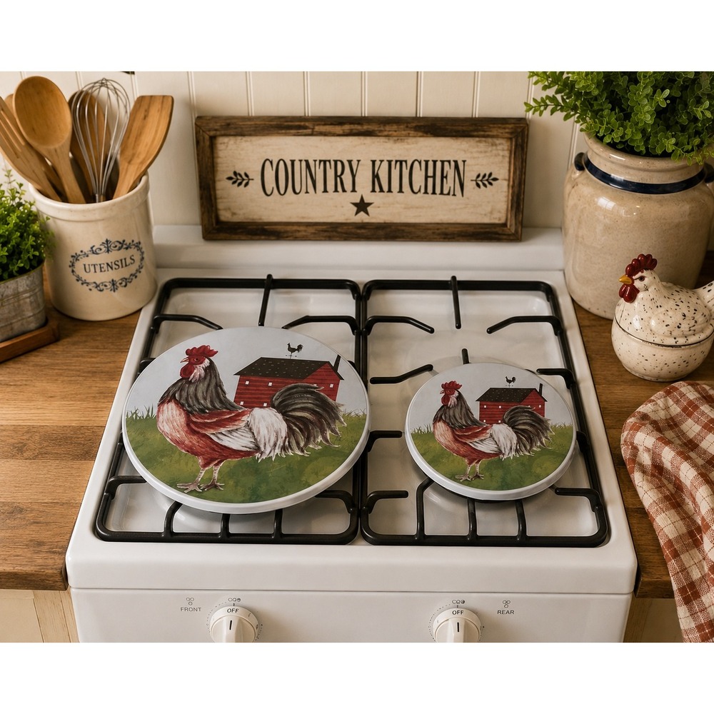 Cooking Concepts Rooster Barn Electric Stove‎ Burner Cover Set 2pc Farmhouse